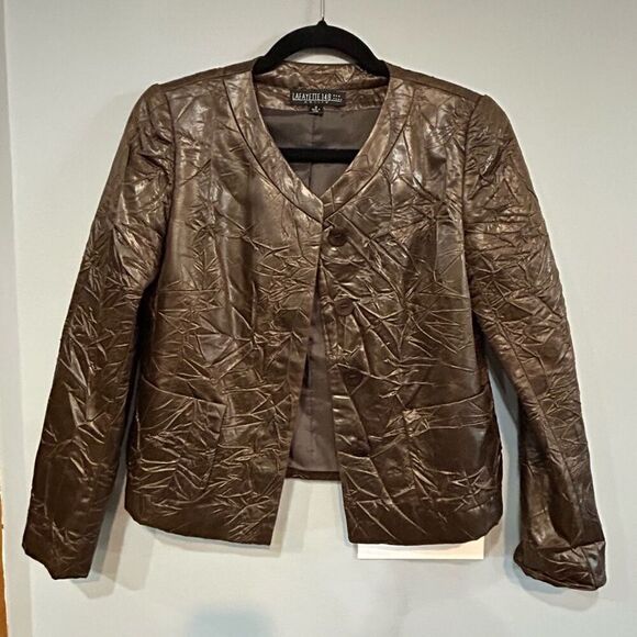 Lafayette 148 New York brown faux leather crinkle textured button up jacket size - Picture 1 of 8